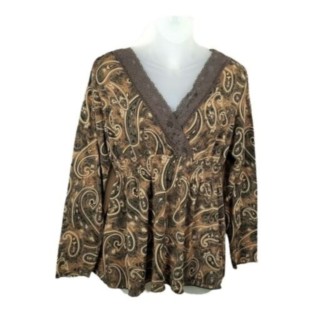 FASHION BUG Paisley V Neck Peasant Top Womens Sz M Boho Brown Long Sleeve - Picture 1 of 12
